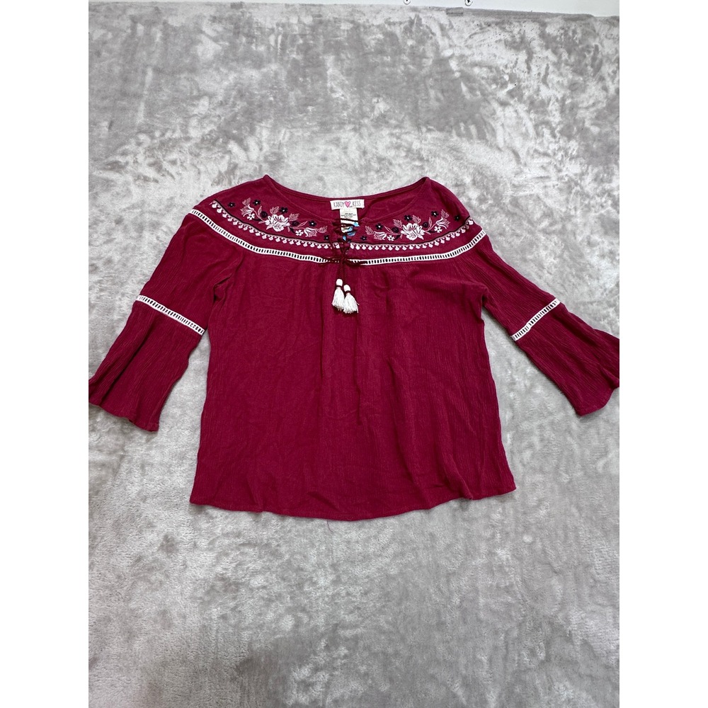 Kandy Kiss Girls Burgundy Embroidered Tassel Peasant Top Size M Boho Bell Sleeve